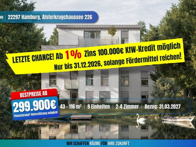 Wohnung zum Kauf - Neubau provisionsfrei als Kapitalanlage geeignet 679.900 € 3 Zimmer 92 m² Alsterkrugchaussee 226 Alsterdorf Hamburg 22297