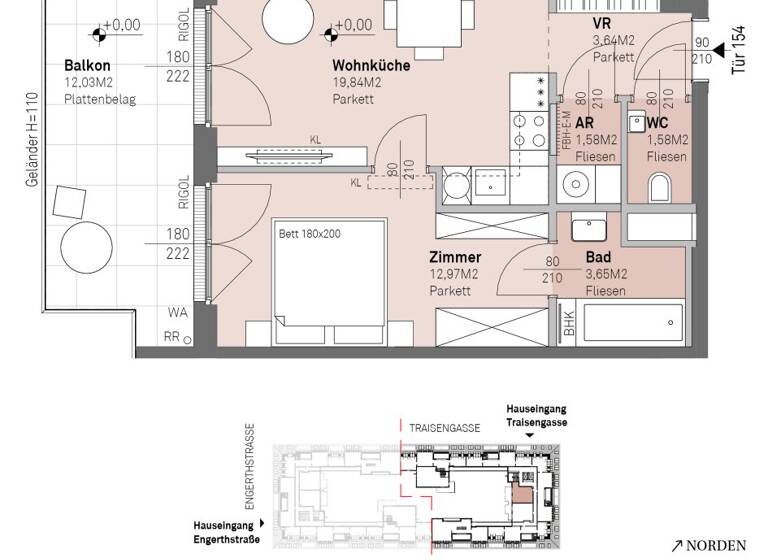 Wohnung zum Kauf - Erstbezug 383.300 € 2 Zimmer 43,3 m² 8. Geschoss frei ab 30.06.2028 Traisengasse 20-22 Wien 1200