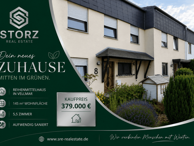 Reihenmittelhaus zum Kauf 379.000 € 5,5 Zimmer 145 m² 169 m² Grundstück Frommershausen Vellmar 34246