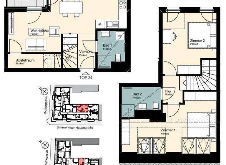 Maisonette zur Miete - Erstbezug 1.218 € 3 Zimmer 79,4 m² 1. Geschoss Wien 1110