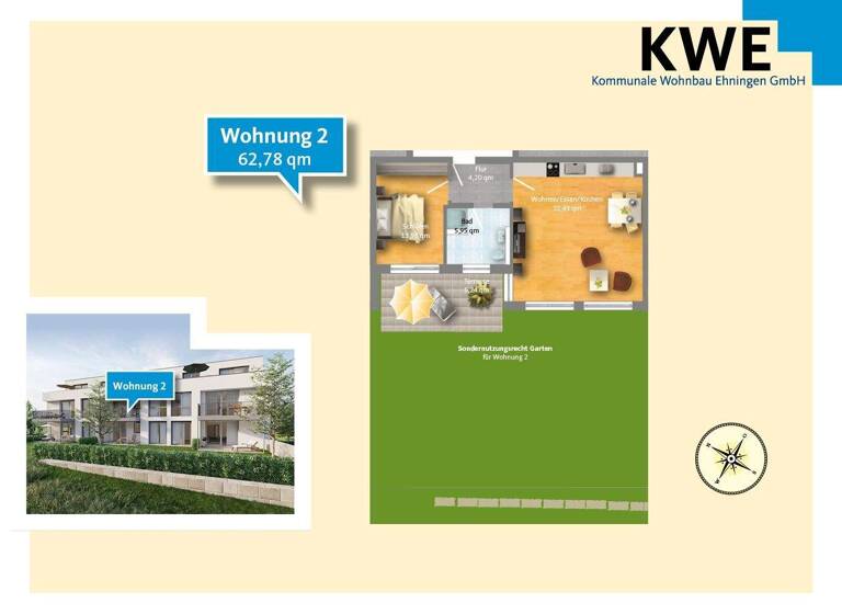 Wohnung zum Kauf provisionsfrei 395.514 € 2 Zimmer 62,8 m² EG Rosnestraße 26 Hildrizhausen 71157