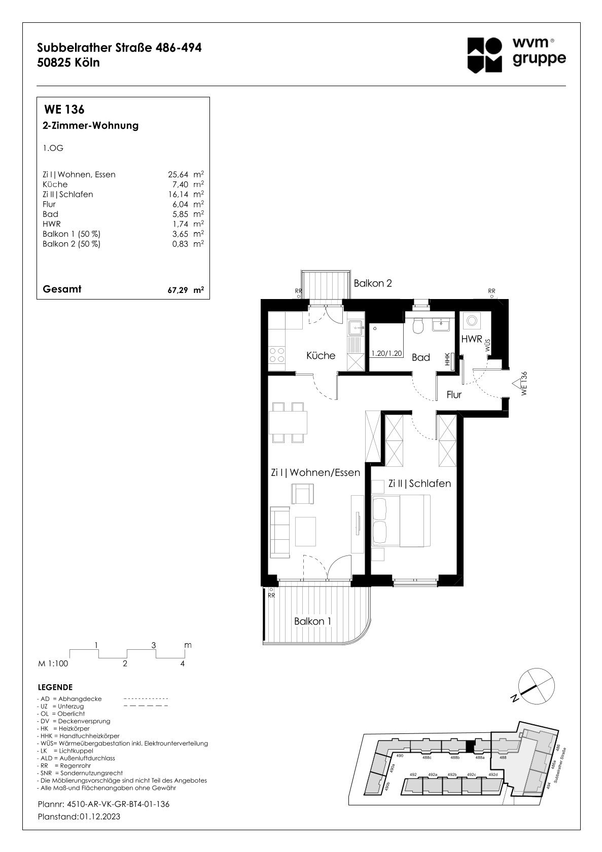 Wohnung zum Kauf provisionsfrei 429.900 € 2 Zimmer 67,3 m²<br/>Wohnfläche 1.<br/>Geschoss Subbelrather Str. 488a Ehrenfeld Köln 50825