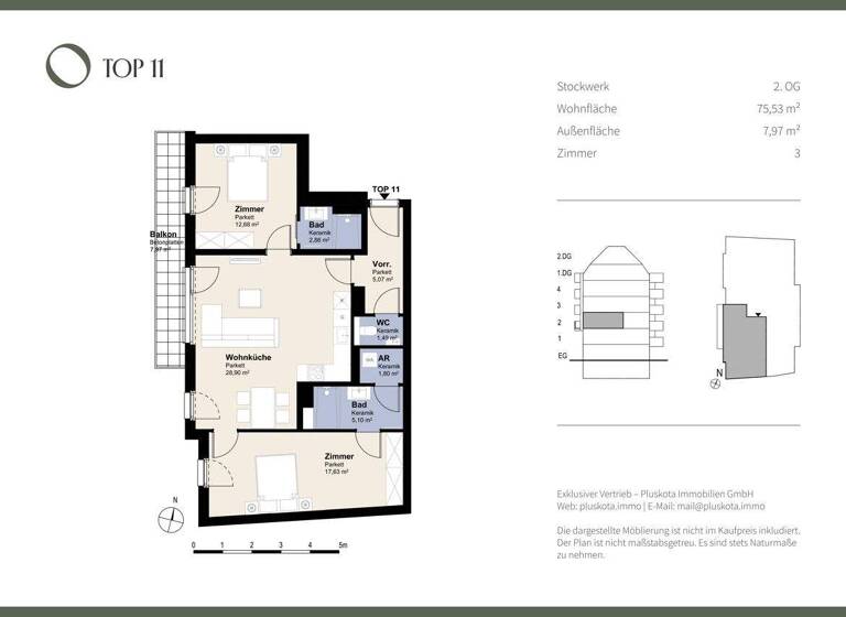 Wohnung zum Kauf provisionsfrei 530.000 € 3 Zimmer 75,5 m² 2. Geschoss Wien, Meidling 1120