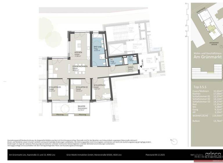 Wohnung zum Kauf - Erstbezug 898.406 € 4,5 Zimmer 119,9 m² 3. Geschoss Kaarstraße 11 und 13 Urfahr Linz 4040