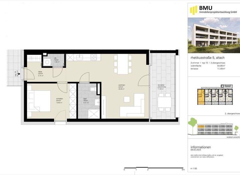 Wohnung zur Miete 953 € 2 Zimmer 54 m² 2. Geschoss frei ab 01.06.2026 Rhetikusstraße Altach 6844