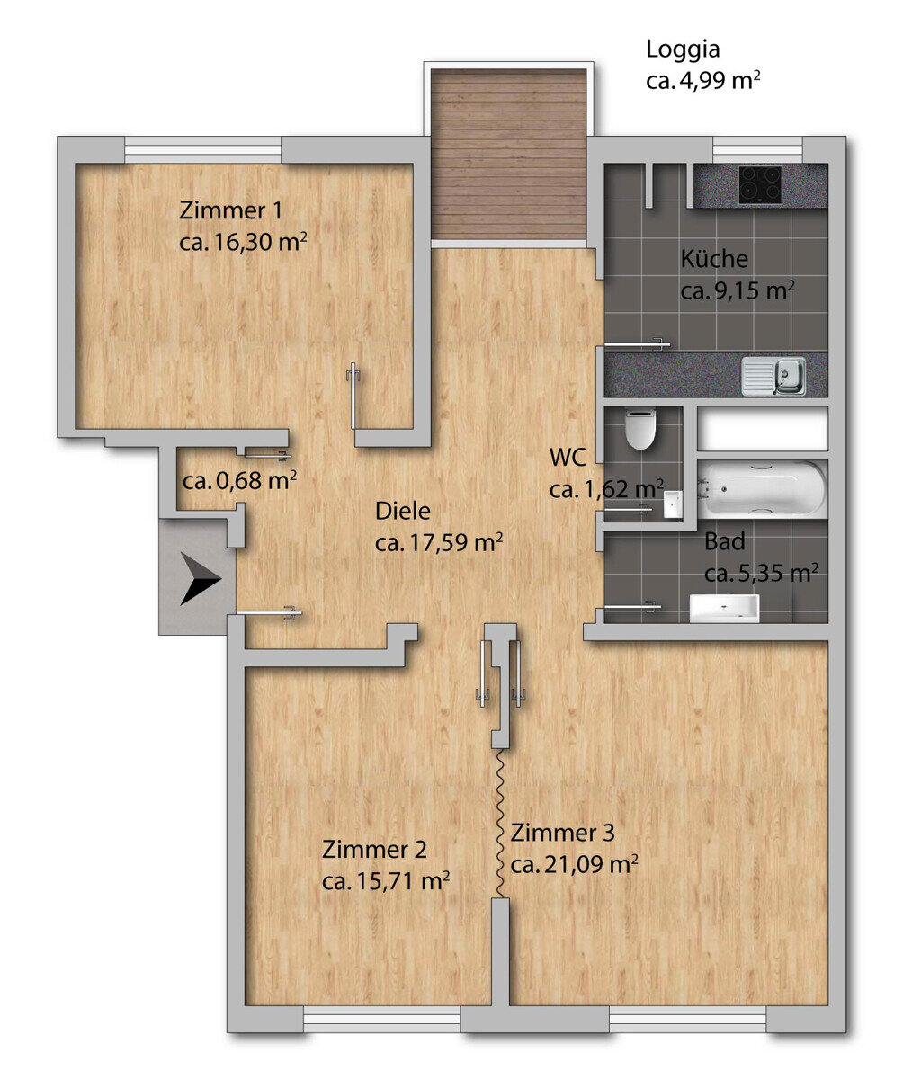 Wohnung zum Kauf 268.400 € 3 Zimmer 87,8 m²<br/>Wohnfläche 1.<br/>Geschoss 01.01.2025<br/>Verfügbarkeit Elbinger Straße 2b Waldstadt - Waldlage Karlsruhe 76139