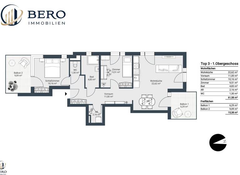 Wohnung zum Kauf - Erstbezug 369.000 € 3 Zimmer 61,6 m² 1. Geschoss Wien 1210