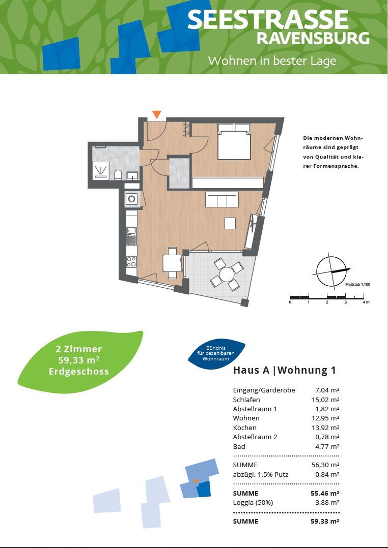 Wohnung zum Kauf provisionsfrei 354.000 € 2 Zimmer 59,5 m²<br/>Wohnfläche EG<br/>Geschoss Seestraße Südstadt Ravensburg 88214