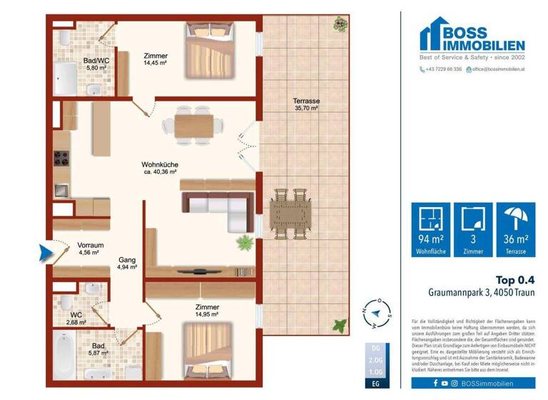 Wohnung zum Kauf 480.000 € 3 Zimmer 93,6 m² EG Graumannpark 3 Traun 4050