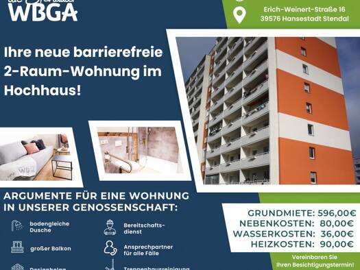 Wohnung zur Miete 596 € 2 Zimmer 76,4 m² 4. Geschoss Dr.-Kurt-Schumacher-Straße 15 B Stendal Stendal 39576