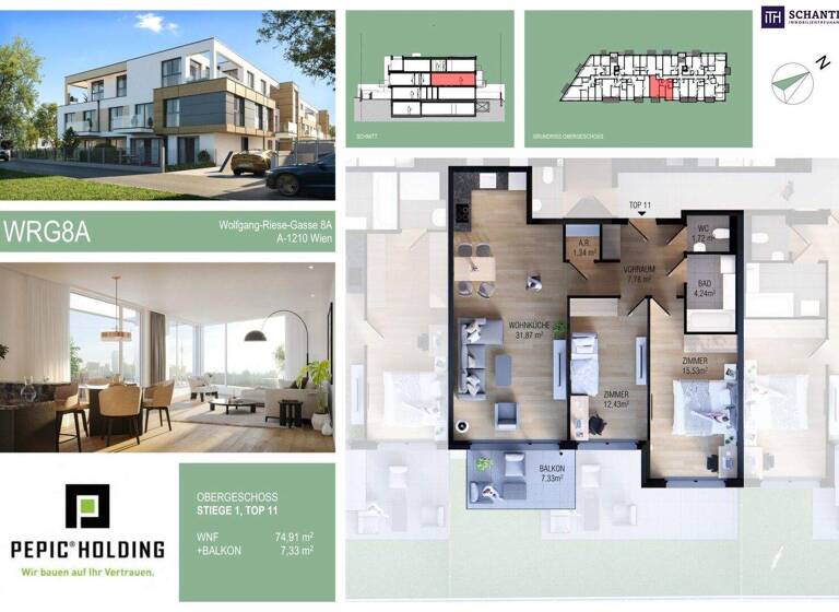 Wohnung zum Kauf - Erstbezug provisionsfrei 409.000 € 3 Zimmer 74,9 m² 1. Geschoss Wolfgang-Riese-Gasse Wien,Floridsdorf 1210