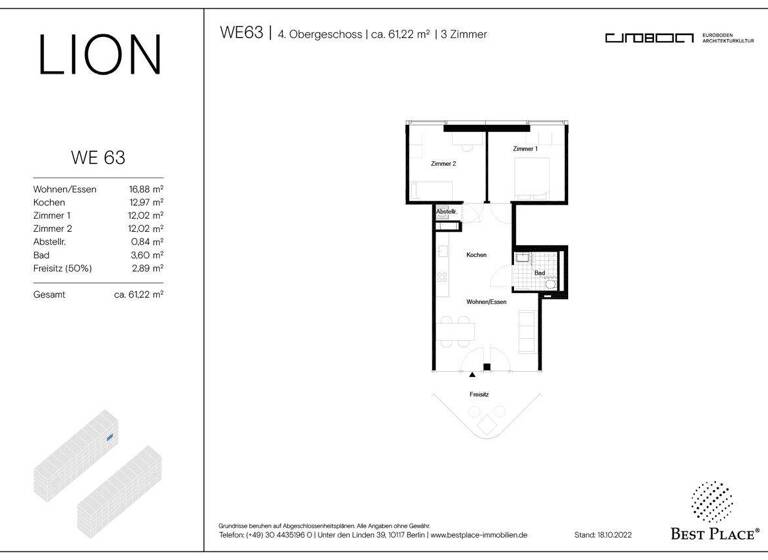 Wohnung zur Miete - Erstbezug 1.406 € 3 Zimmer 61,1 m² 4. Geschoss Teterower Ring 63-65 Kaulsdorf Berlin 12619