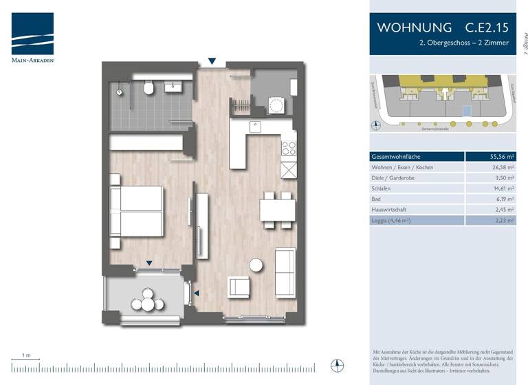 Wohnung zur Miete 1.140 € 2 Zimmer 55,6 m² 2. Geschoss frei ab 01.07.2026 Gerbermühlstraße 25 Sachsenhausen Frankfurt am Main 60594