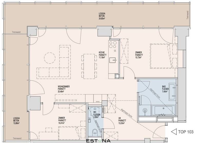 Wohnung zur Miete - Erstbezug 1.933 € 3 Zimmer 80,4 m² 35. Geschoss Donau-City-Straße Wien 1220