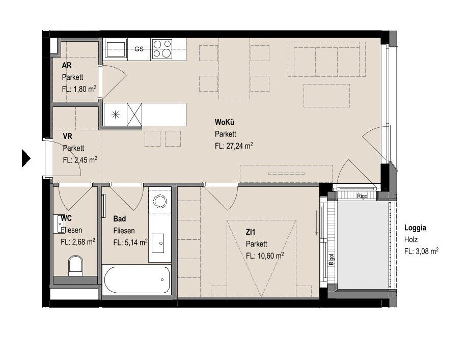 Wohnung zur Miete 1.450 € 2 Zimmer 49,9 m²<br/>Wohnfläche 1.<br/>Geschoss Apollogasse Wien 1070