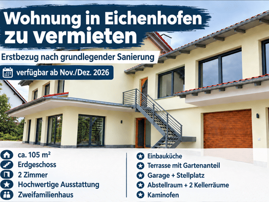 Terrassenwohnung zur Miete 1.050 € 2 Zimmer 105 m² Geschoss EG/1 frei ab 01.11.2026 Eichenhofen Seubersdorf in der Oberpfalz 92358