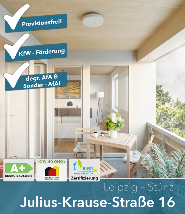 Wohnung zum Kauf - Neubau provisionsfrei als Kapitalanlage geeignet 313.040 € 3 Zimmer 60,2 m² Julius-Krause-Straße 16 Sellerhausen-Stünz Leipzig 04318