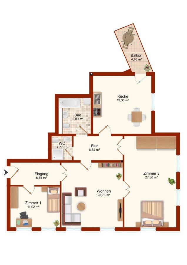 Wohnung zur Miete 1.800 € 3 Zimmer 107,2 m²<br/>Wohnfläche 1.<br/>Geschoss ab sofort<br/>Verfügbarkeit Brühlervorstadt Erfurt 99084