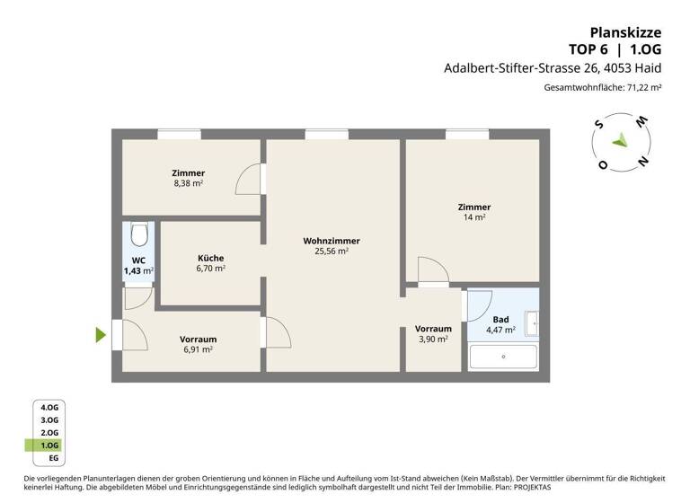 Wohnung zur Miete 523 € 3 Zimmer 71,2 m² 1. Geschoss Adalbert-Stifter-Straße 26 Haid 4053