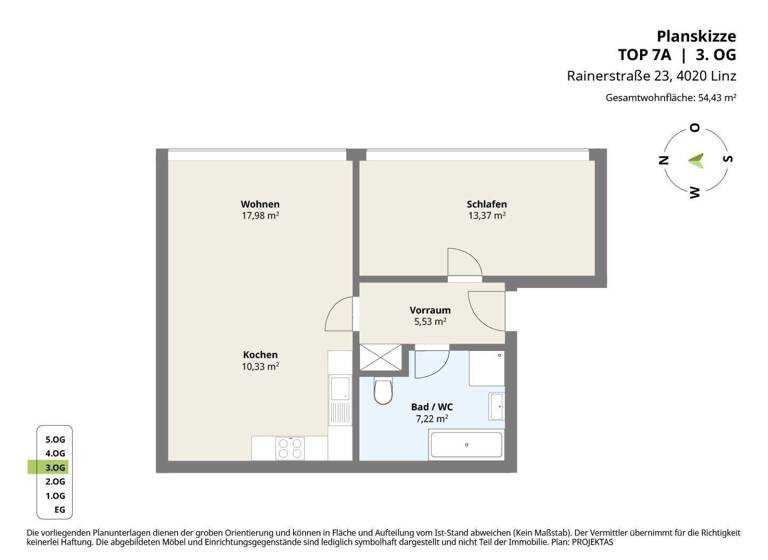 Wohnung zur Miete 656 € 2 Zimmer 54,4 m² 3. Geschoss Rainerstraße 23 Linz 4020