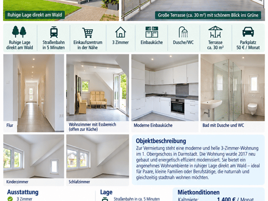 Terrassenwohnung zur Miete 1.400 € 3 Zimmer 94 m² Geschoss 1/2 frei ab sofort Darmstadt Darmstadt 64295