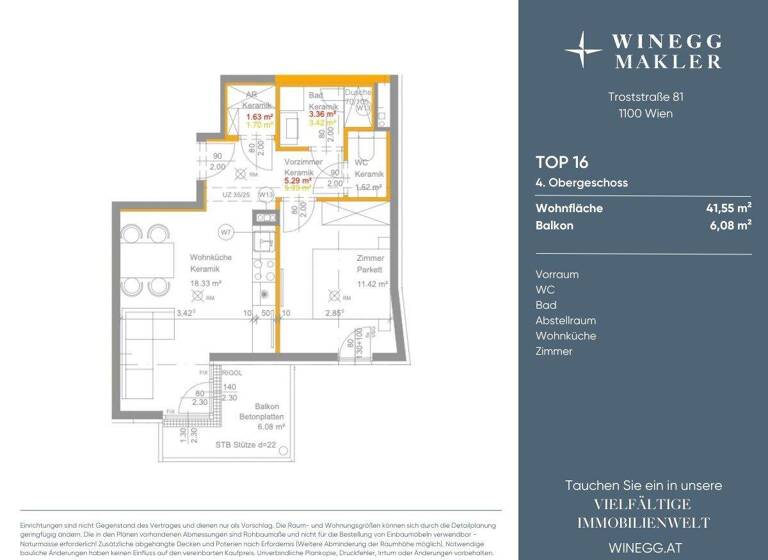 Wohnung zur Miete - Erstbezug 789 € 2 Zimmer 41,6 m² 4. Geschoss Troststraße 81 Wien 1100