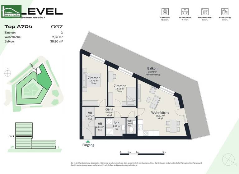 Wohnung zur Miete - Erstbezug 938 € 3 Zimmer 71,7 m² 7. Geschoss frei ab 01.05.2026 Kärntner Straße 1 Gries Graz 8020