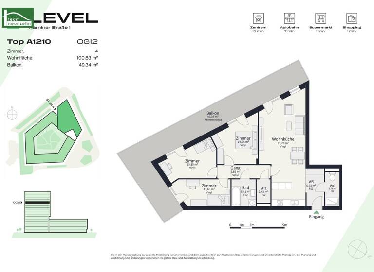 Wohnung zur Miete - Erstbezug 1.280 € 4 Zimmer 100,8 m² 12. Geschoss frei ab 01.05.2026 Kärntner Straße 1 Gries Graz 8020