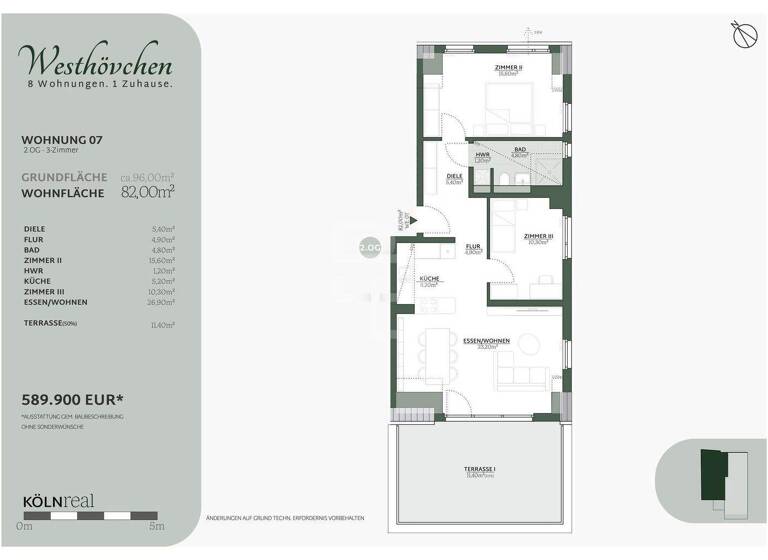 Wohnung zum Kauf - Erstbezug provisionsfrei 589.900 € 3 Zimmer 82 m² 2. Geschoss Oberstraße 55 Westhoven Köln 51149