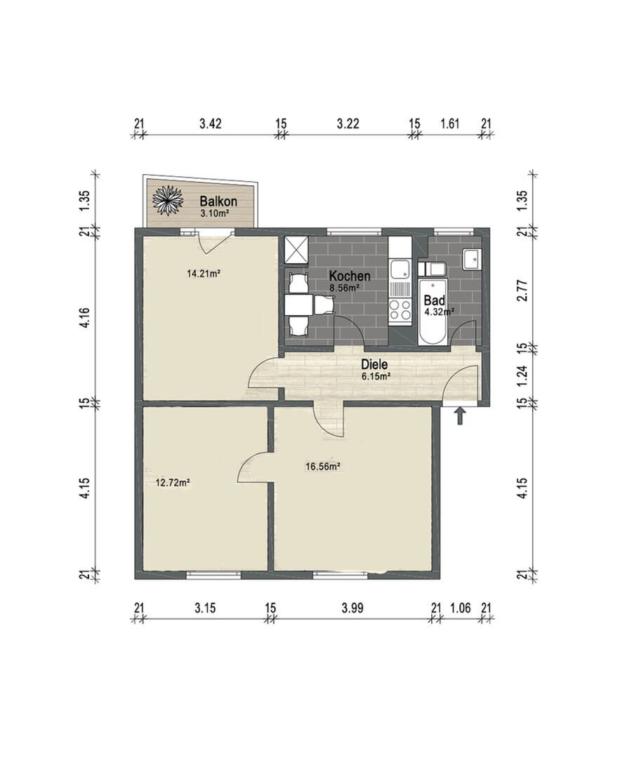 Wohnung zur Miete 1.100 € 3 Zimmer 65 m²<br/>Wohnfläche 2.<br/>Geschoss Südstadt 42 Hilden 40723