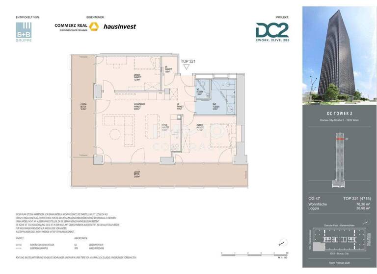 Wohnung zur Miete - Erstbezug 2.312 € 3 Zimmer 76,3 m² 47. Geschoss frei ab 01.11.2026 Wien 1220