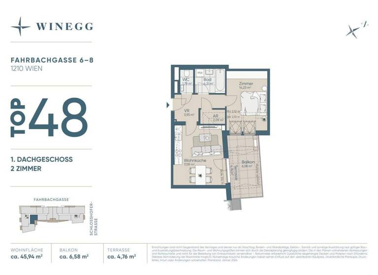 Wohnung zum Kauf - Erstbezug 375.600 € 2 Zimmer 45,9 m² 5. Geschoss Fahrbachgasse 6-8 Wien 1210