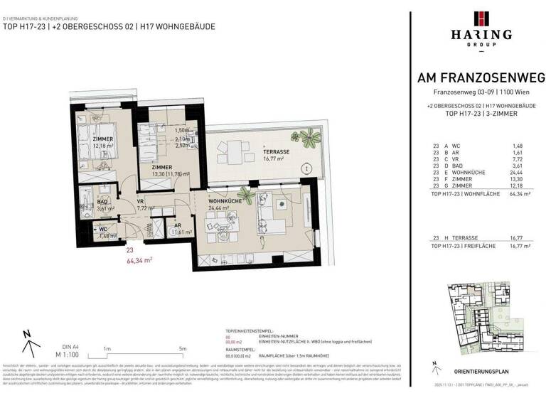 Wohnung zum Kauf - Erstbezug 457.500 € 3 Zimmer 64,3 m² 2. Geschoss Franzosenweg 3-5 Wien 1100