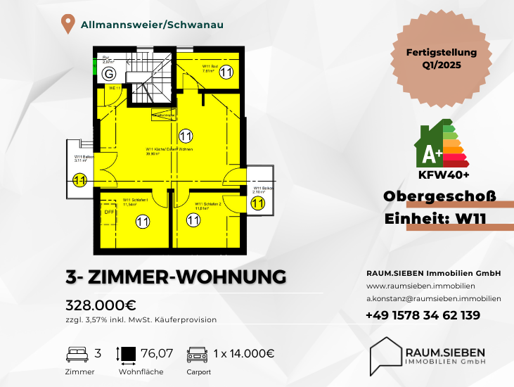 Wohnung zum Kauf 328.000 € 3 Zimmer 76,1 m²<br/>Wohnfläche 2.<br/>Geschoss Allmannsweier Schwanau 77963