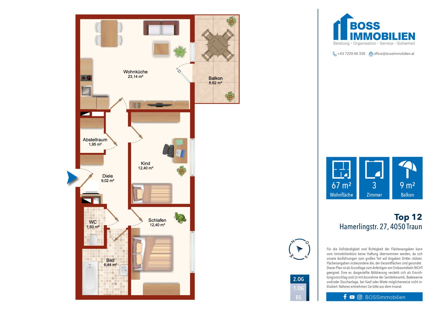 Wohnung zur Miete 655 € 3 Zimmer 67,1 m²<br/>Wohnfläche 2.<br/>Geschoss 01.02.2025<br/>Verfügbarkeit Hamerlingstraße 27 Traun 4050