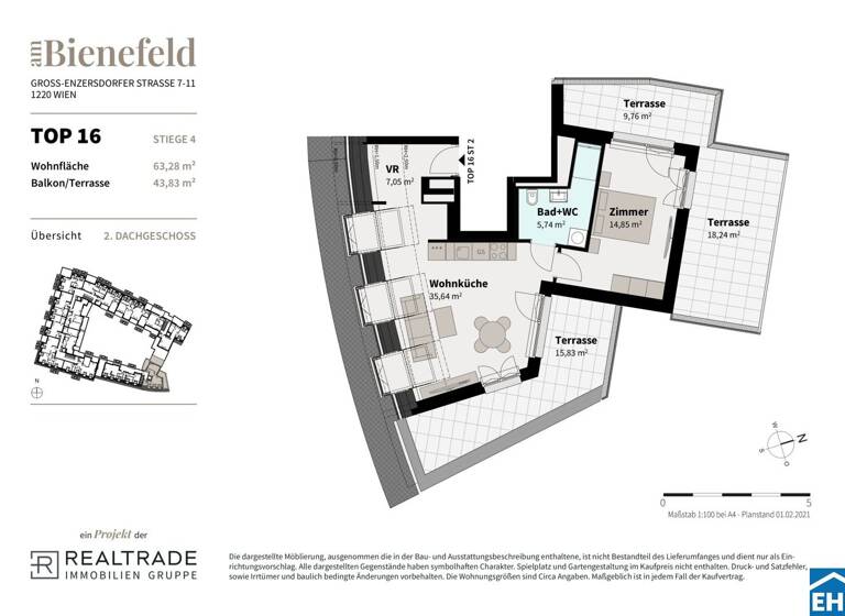 Wohnung zum Kauf - Erstbezug 345.400 € 2 Zimmer 63,3 m² 3. Geschoss Groß-Enzersdorfer Straße Wien 1220