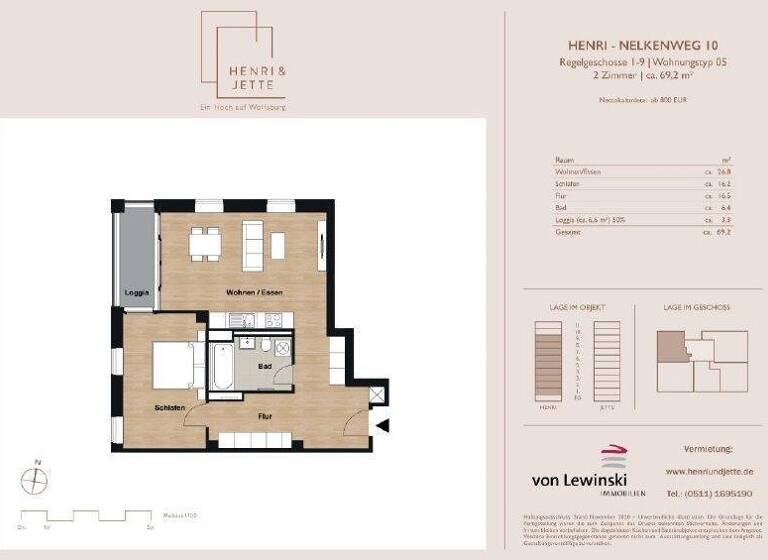 Wohnung zur Miete 854 € 2 Zimmer 68,7 m² 1. Geschoss Nelkenweg 10 Hellwinkel Wolfsburg 38446