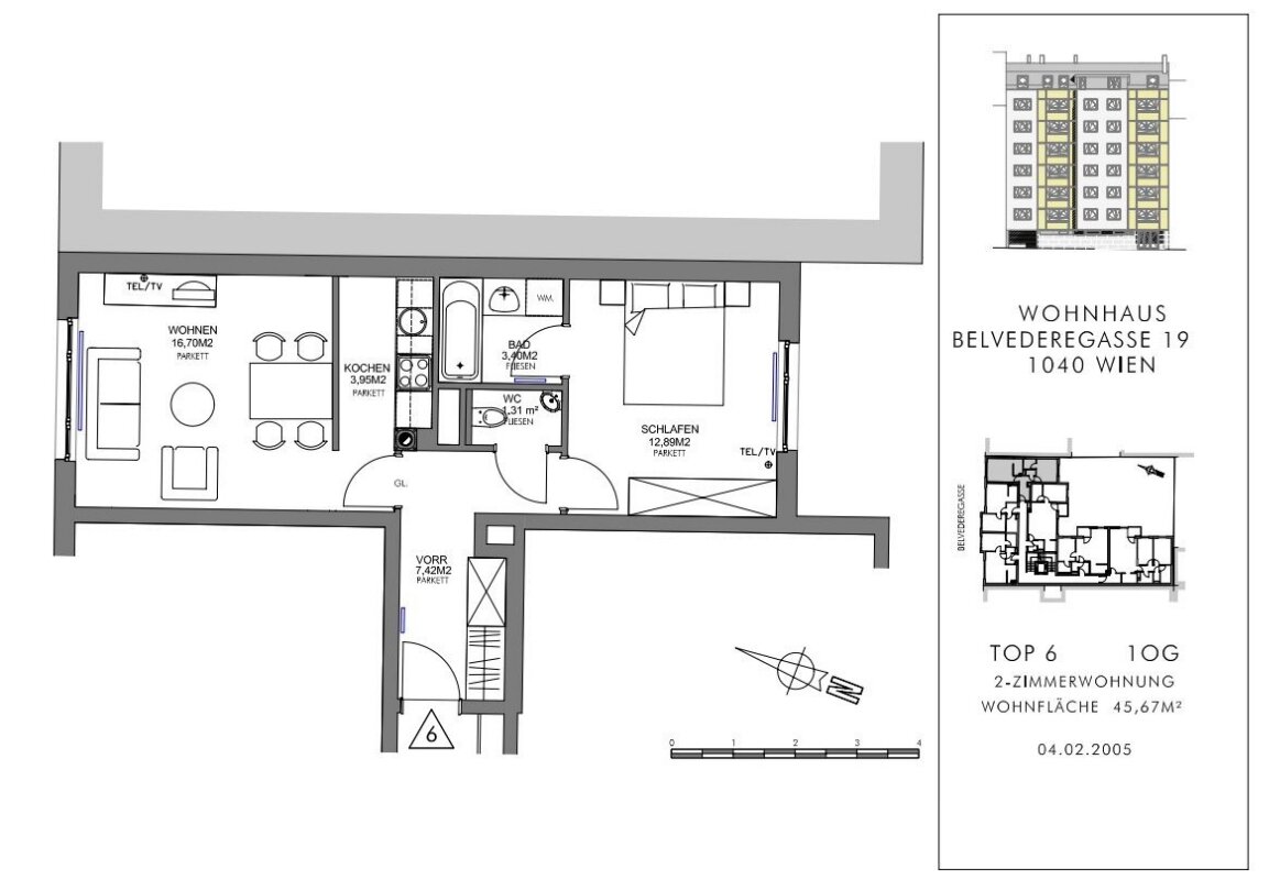 Wohnung zur Miete 700 € 2 Zimmer 45,7 m²<br/>Wohnfläche 1.<br/>Geschoss Belvederegasse 19 Wien 1040