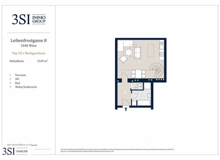 Wohnung zur Miete 1.229 € 2 Zimmer 72,9 m² 6. Geschoss Leibenfrostgasse 8 Wien 1040
