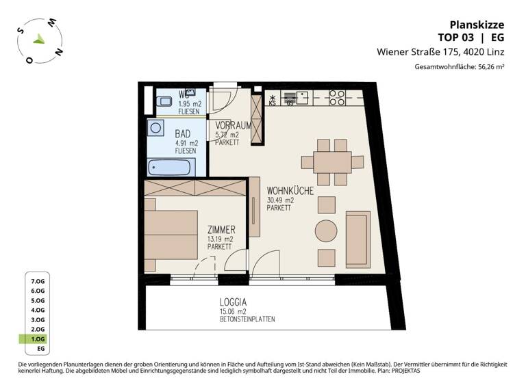 Wohnung zur Miete 682 € 2 Zimmer 56,3 m² EG Wiener Straße 175 Linz 4020