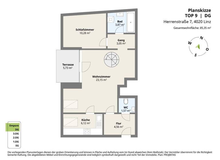 Wohnung zur Miete 854 € 3 Zimmer 85,4 m² 3. Geschoss frei ab 15.03.2026 Herrenstraße 7 Linz 4020