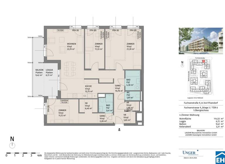Wohnung zur Miete - Erstbezug 1.132 € 4 Zimmer 114,5 m² 1. Geschoss Fuchsenstraße Pixendorf 3451