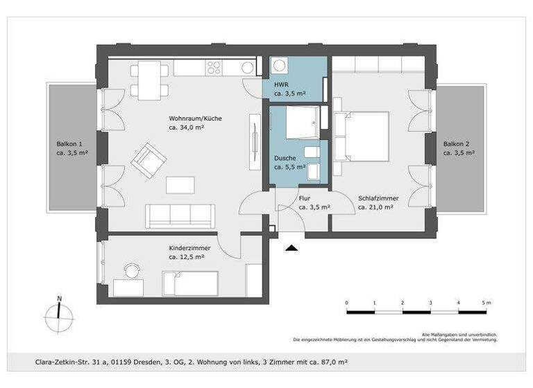 Wohnung zur Miete 1.219 € 3 Zimmer 86,8 m² 3. Geschoss Clara-Zetkin-Str. 31a Löbtau-Süd Dresden 01159