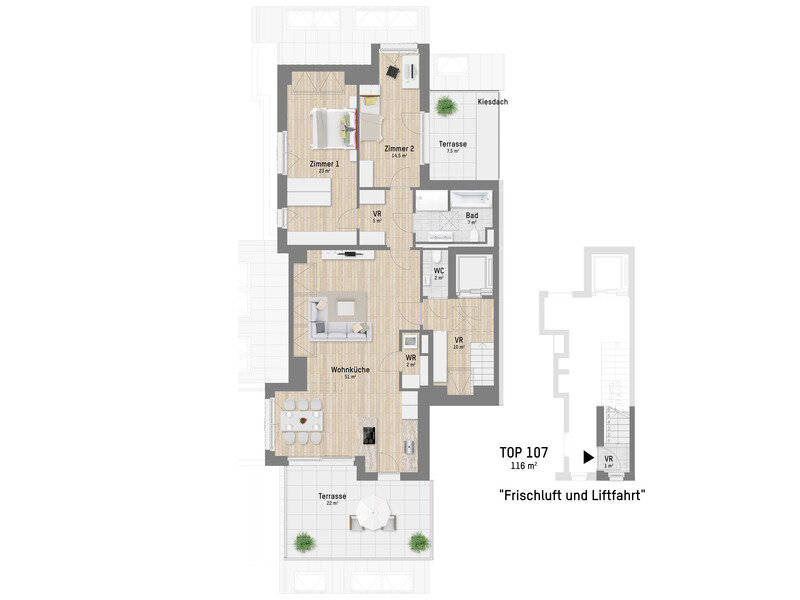 Penthouse zum Kauf 999.900 € 3 Zimmer 117,3 m²<br/>Wohnfläche Obstgartenweg 15-17 Wien 1220