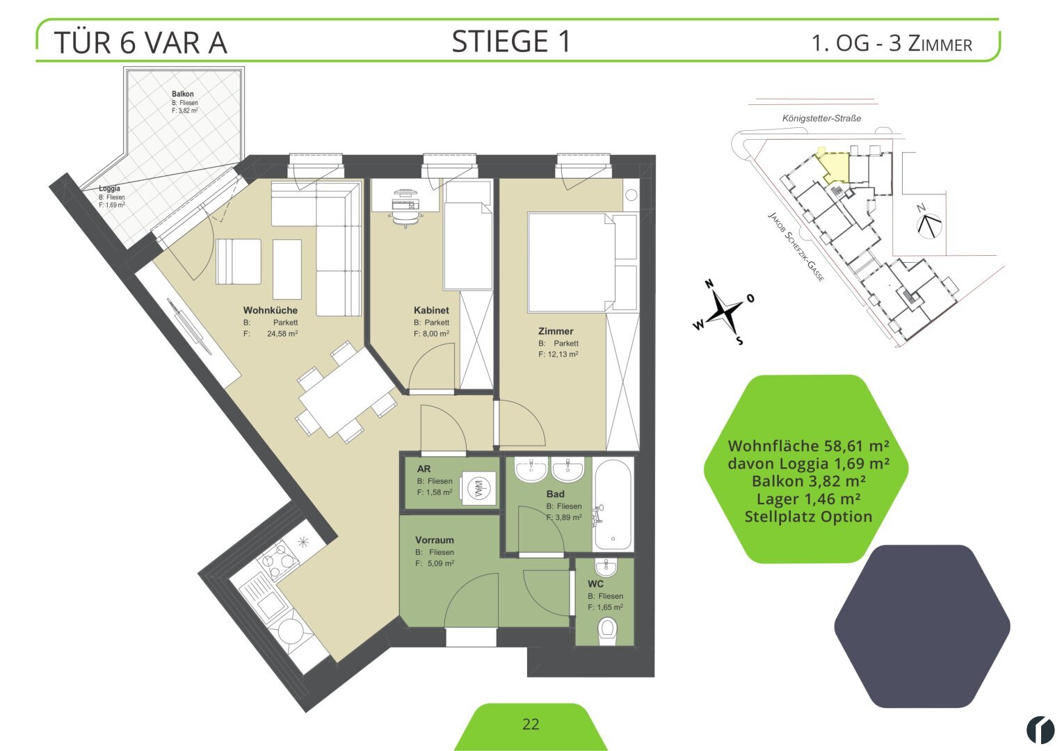 Wohnung zum Kauf 284.700 € 3 Zimmer 58,6 m²<br/>Wohnfläche 1.<br/>Geschoss Königstetter Straße 66 - 68 Tulln an der Donau 3430