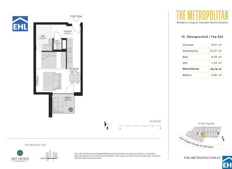 Studio zur Miete 734 € 1 Zimmer 44,8 m² 13. Geschoss Wien 1100