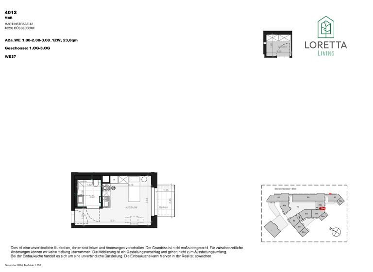 Studio zur Miete - Erstbezug 595 € 1 Zimmer 23,8 m² 1. Geschoss Martinstr. 42b Bilk Düsseldorf 40223