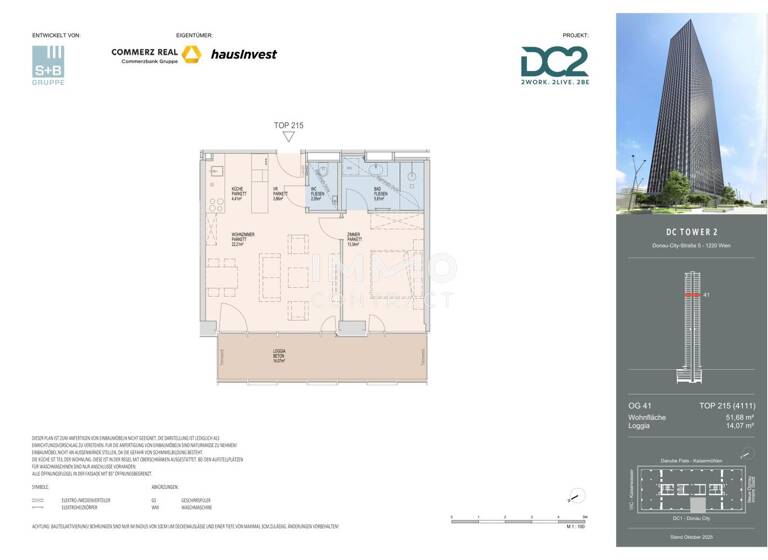 Wohnung zur Miete - Erstbezug 1.504 € 2 Zimmer 51,7 m² 41. Geschoss frei ab 01.11.2026 Wien 1220