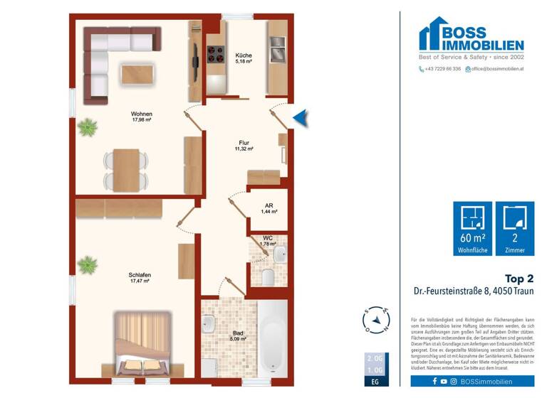 Wohnung zur Miete 503 € 2 Zimmer 60,3 m² EG Doktor Feurstein-Straße 8 Traun 4050