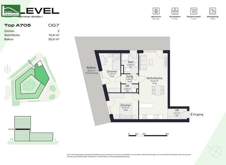 Wohnung zur Miete - Erstbezug 941 € 3 Zimmer 70,4 m² 7. Geschoss frei ab 01.05.2026 Kärntner Straße 1 Gries Graz 8020